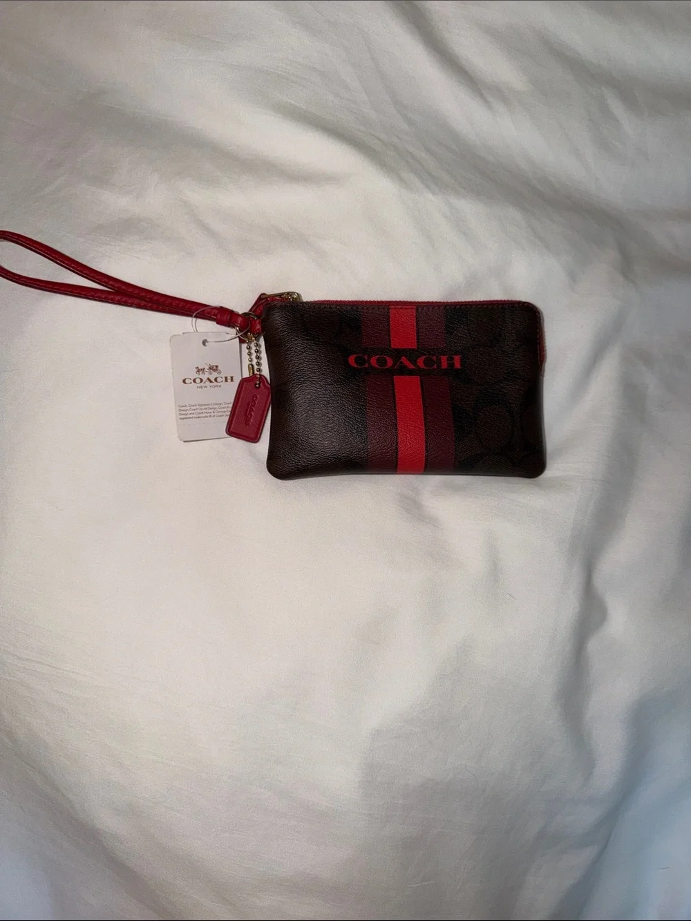 Coach Brown and Red Signature Stripe Wristlet